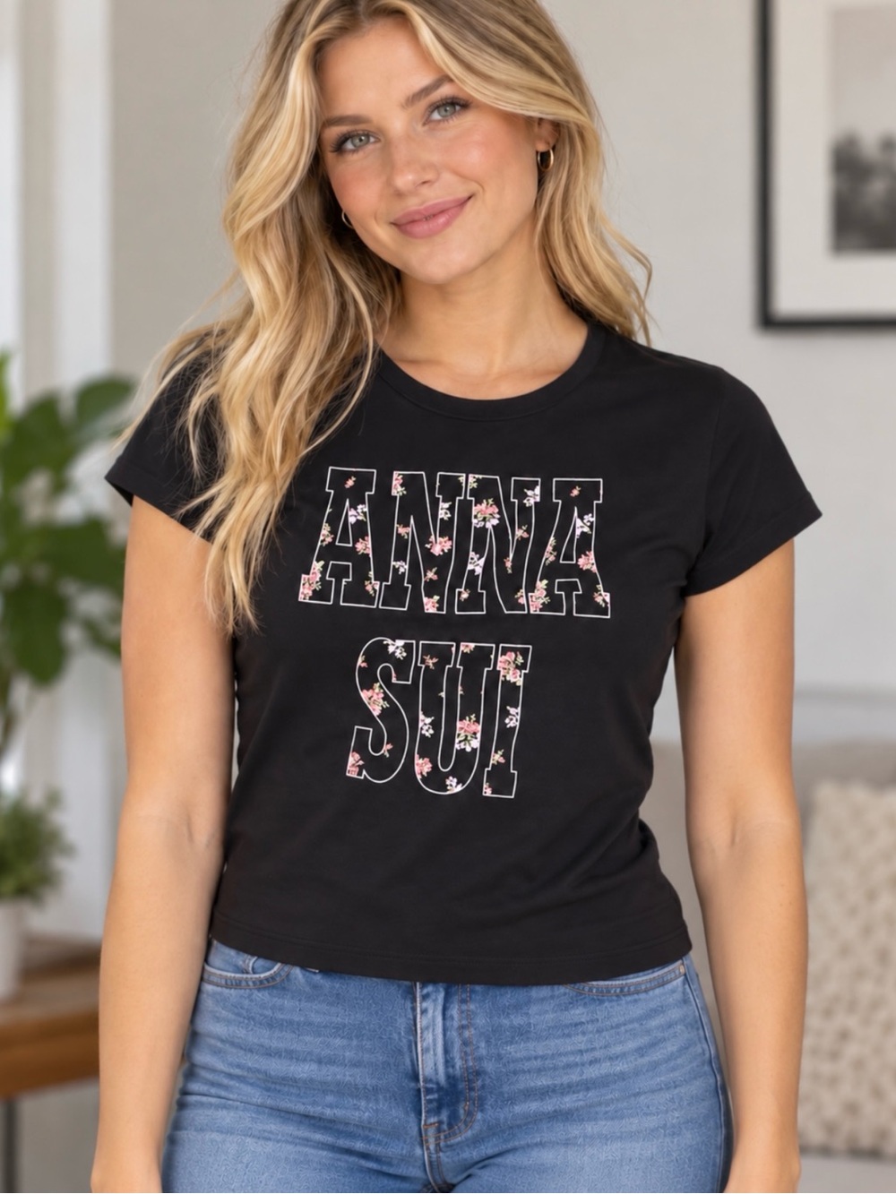 NWT ANNA SUI x OLD NAVY Black Floral Print Logo Ringer Crop Tee Shirt Large & XL